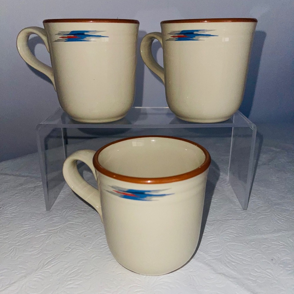 Noritake Raindance 8675 Stoneware Coffee Mugs Set of 3 Cream Brown Rim Japan